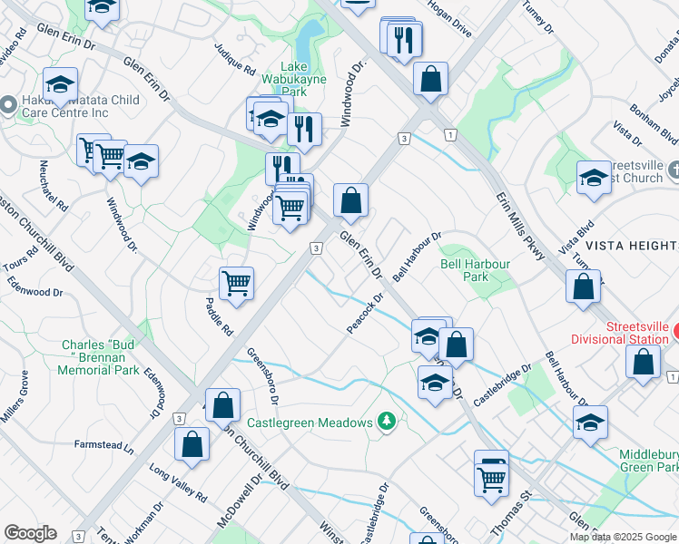 map of restaurants, bars, coffee shops, grocery stores, and more near 5950 Glen Erin Drive in Mississauga