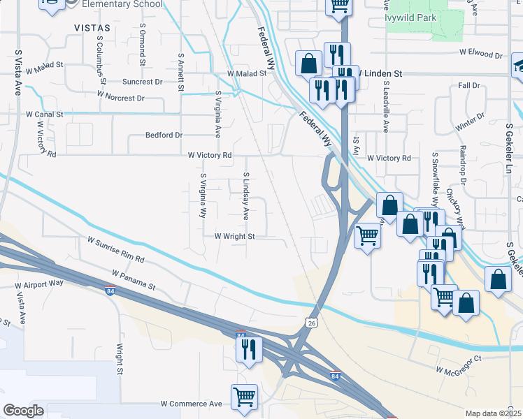 map of restaurants, bars, coffee shops, grocery stores, and more near 3245 South Capistrano Avenue in Boise