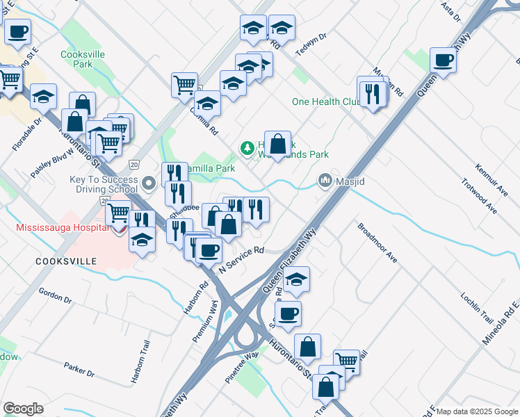 map of restaurants, bars, coffee shops, grocery stores, and more near 2100 Camilla Road in Mississauga