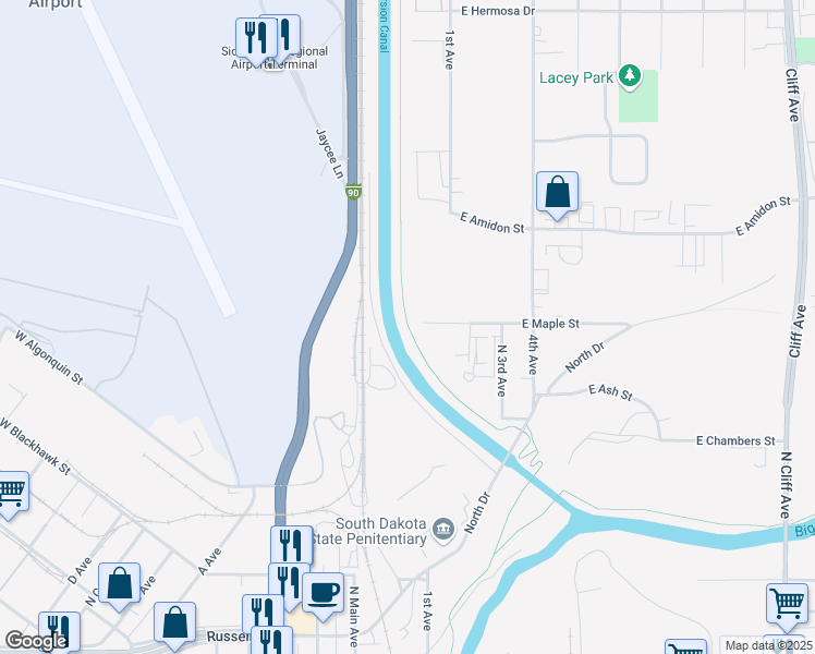 map of restaurants, bars, coffee shops, grocery stores, and more near Sioux Falls Bike Trail in Sioux Falls