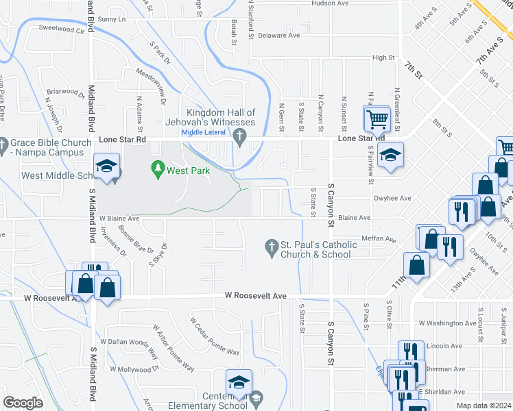 map of restaurants, bars, coffee shops, grocery stores, and more near 41 South Rowena Street in Nampa