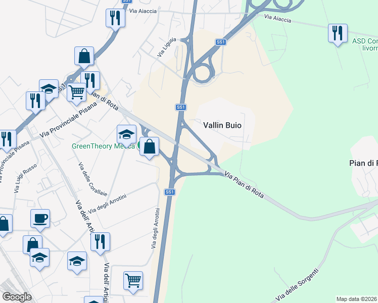 map of restaurants, bars, coffee shops, grocery stores, and more near 680 Variante Aurelia in Provincia di Livorno
