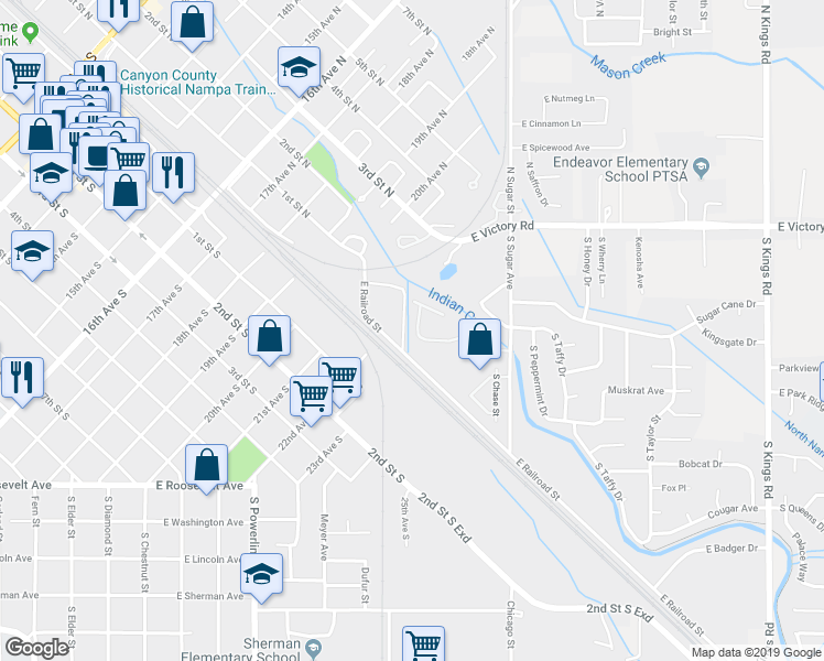 map of restaurants, bars, coffee shops, grocery stores, and more near 1963 East Shortline Drive in Nampa