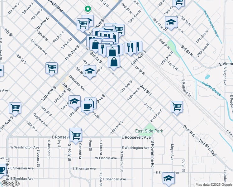 map of restaurants, bars, coffee shops, grocery stores, and more near 315 17th Avenue South in Nampa