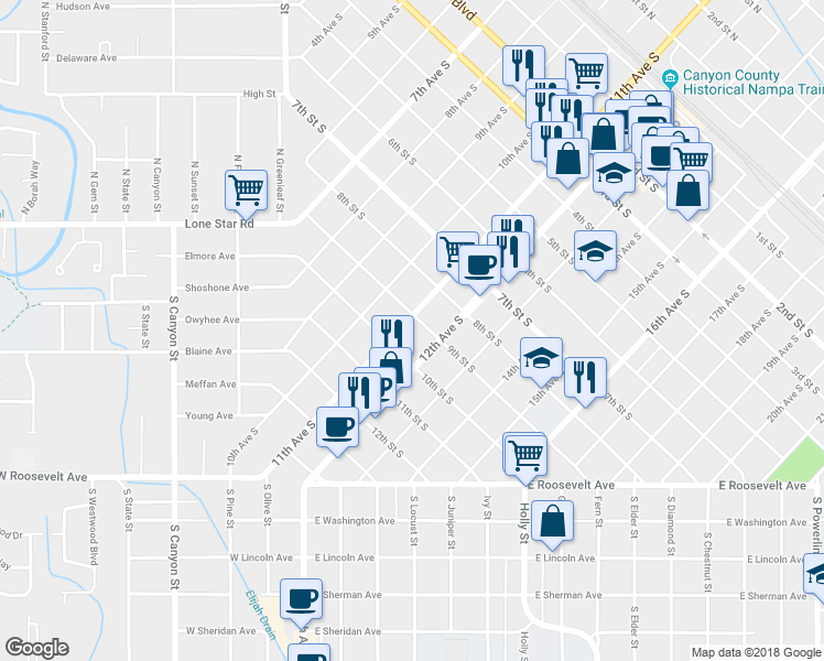 map of restaurants, bars, coffee shops, grocery stores, and more near 820 11th Avenue South in Nampa