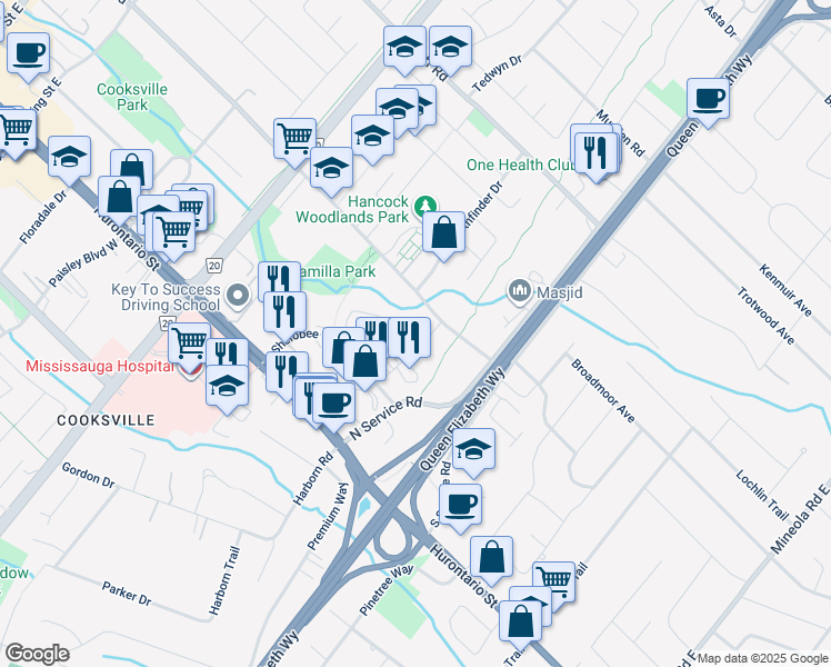 map of restaurants, bars, coffee shops, grocery stores, and more near 2100 Camilla Road in Mississauga