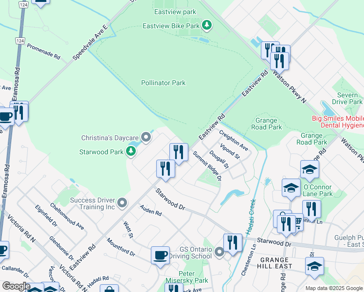 map of restaurants, bars, coffee shops, grocery stores, and more near 128 Summit Ridge Drive in Guelph
