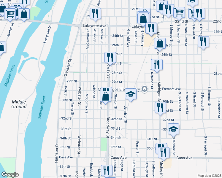 map of restaurants, bars, coffee shops, grocery stores, and more near 1403 Broadway Street in Bay City