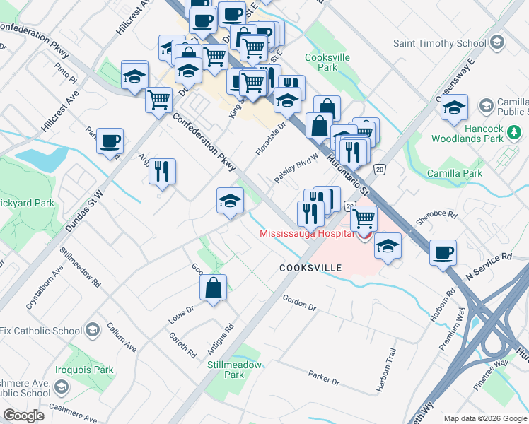 map of restaurants, bars, coffee shops, grocery stores, and more near 150 Paisley Boulevard West in Mississauga