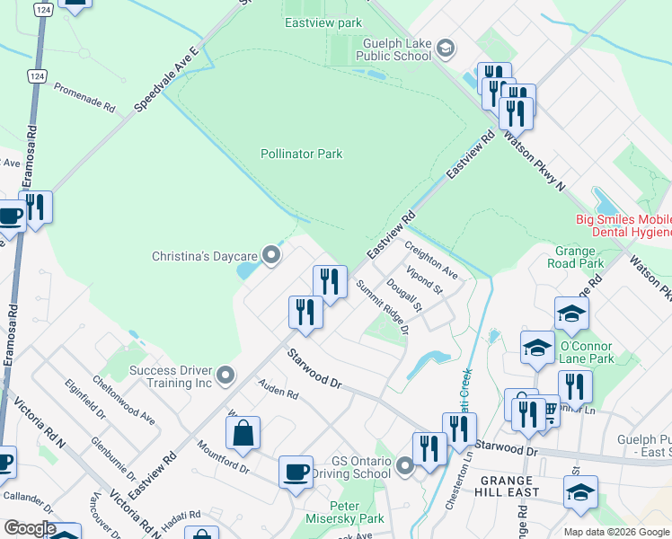 map of restaurants, bars, coffee shops, grocery stores, and more near 104 Summit Ridge Drive in Guelph