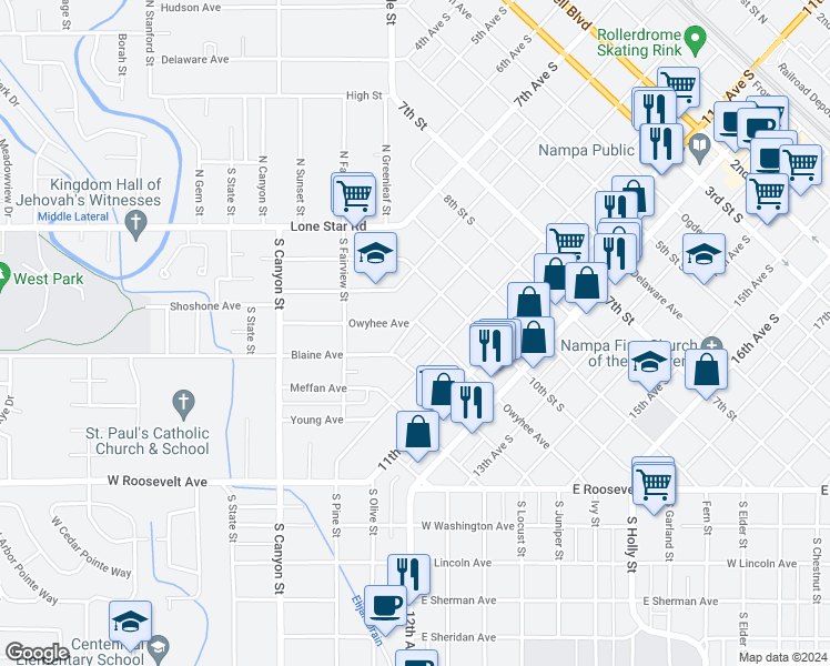 map of restaurants, bars, coffee shops, grocery stores, and more near 903 11th Street South in Nampa