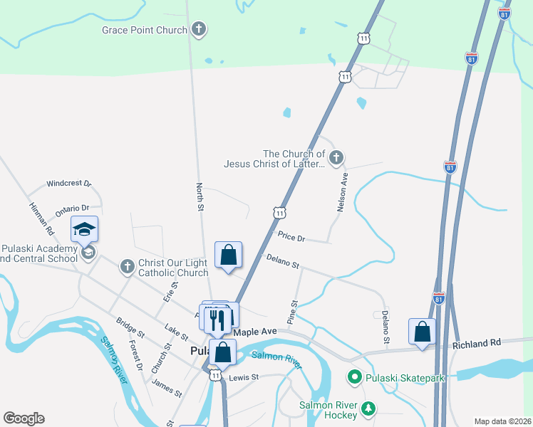 map of restaurants, bars, coffee shops, grocery stores, and more near 4957 Jefferson Street in Pulaski