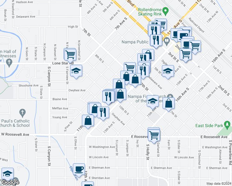 map of restaurants, bars, coffee shops, grocery stores, and more near 908 11th Avenue South in Nampa