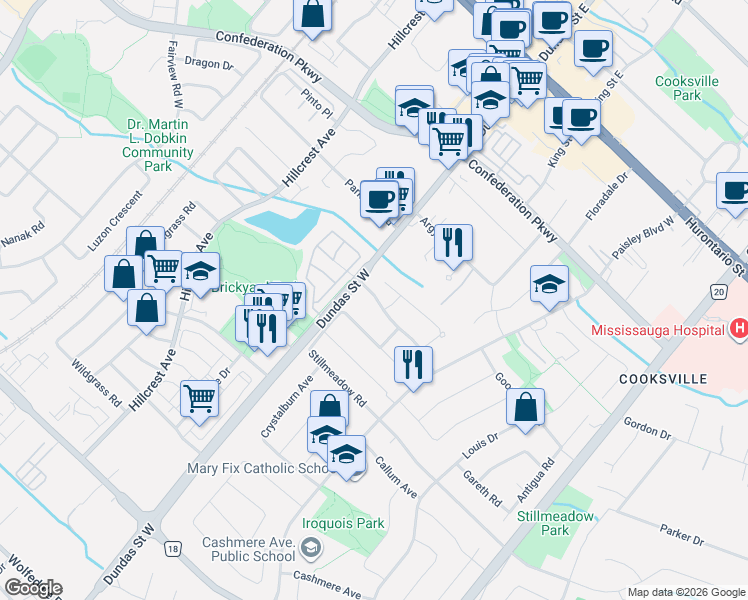 map of restaurants, bars, coffee shops, grocery stores, and more near 2602 Mason Heights in Mississauga