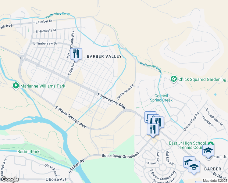map of restaurants, bars, coffee shops, grocery stores, and more near 2944 South Shadywood Way in Boise