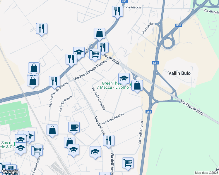 map of restaurants, bars, coffee shops, grocery stores, and more near Via degli Scalpellini in Livorno