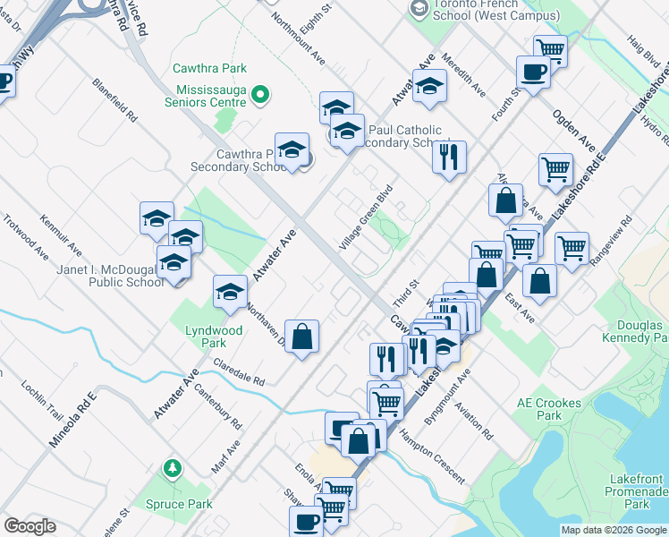 map of restaurants, bars, coffee shops, grocery stores, and more near 1180 Cawthra Road in Mississauga