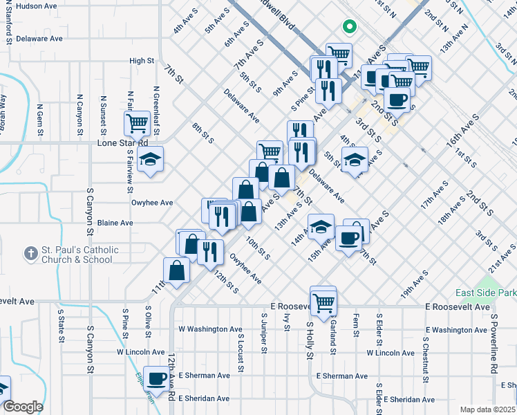 map of restaurants, bars, coffee shops, grocery stores, and more near 820 11th Avenue South in Nampa