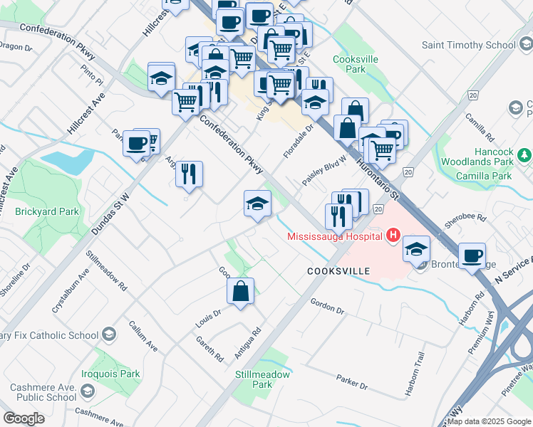 map of restaurants, bars, coffee shops, grocery stores, and more near 199 Floradale Drive in Mississauga