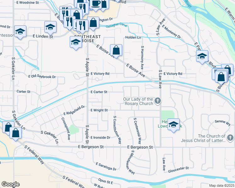 map of restaurants, bars, coffee shops, grocery stores, and more near 1176 East Carter Street in Boise