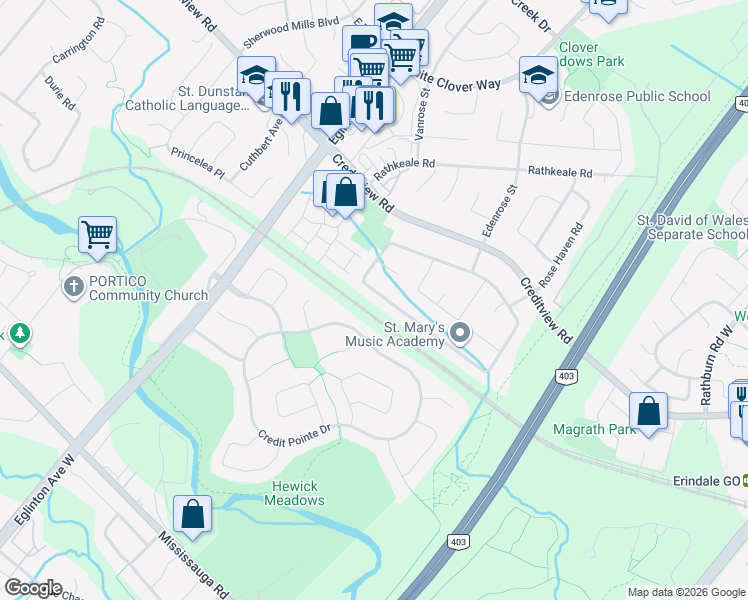 map of restaurants, bars, coffee shops, grocery stores, and more near 4839 Rosebush Road in Mississauga