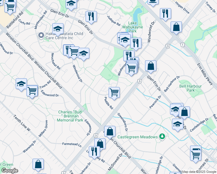 map of restaurants, bars, coffee shops, grocery stores, and more near in Mississauga