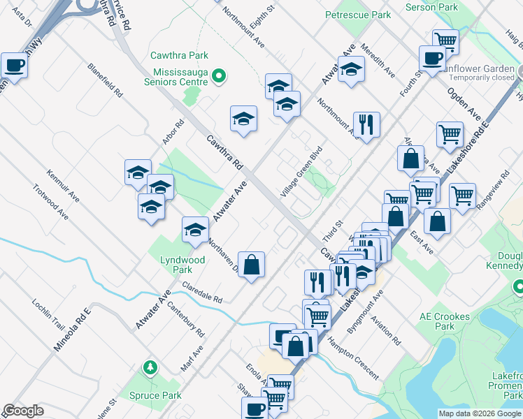 map of restaurants, bars, coffee shops, grocery stores, and more near 665 Cricklewood Drive in Mississauga