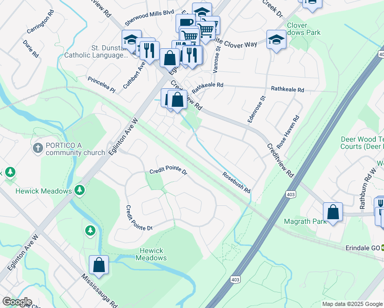 map of restaurants, bars, coffee shops, grocery stores, and more near 4836 Rosebush Road in Mississauga