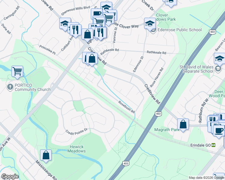 map of restaurants, bars, coffee shops, grocery stores, and more near 4802 Wild Rose Street in Mississauga