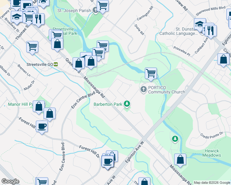 map of restaurants, bars, coffee shops, grocery stores, and more near 5199 Symphony Court in Mississauga