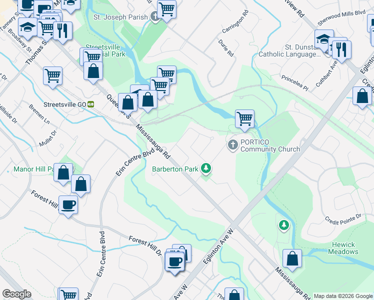 map of restaurants, bars, coffee shops, grocery stores, and more near 5199 Symphony Court in Mississauga
