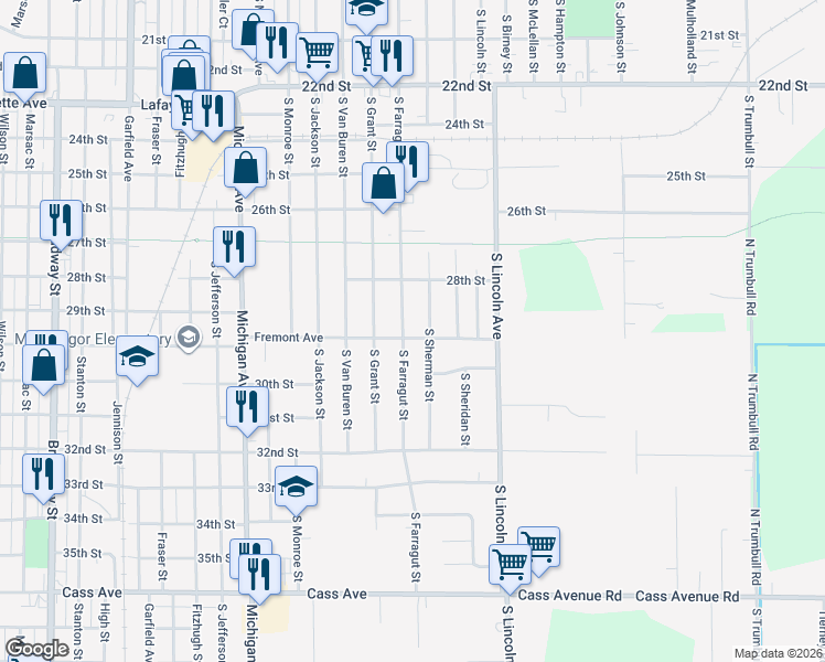 map of restaurants, bars, coffee shops, grocery stores, and more near 1615 South Farragut Street in Bay City