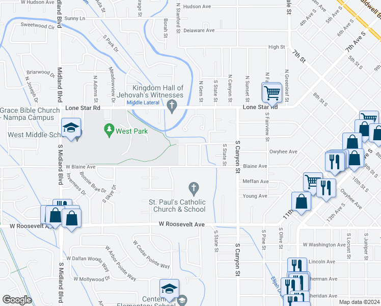 map of restaurants, bars, coffee shops, grocery stores, and more near 519 Shoshone Avenue in Nampa