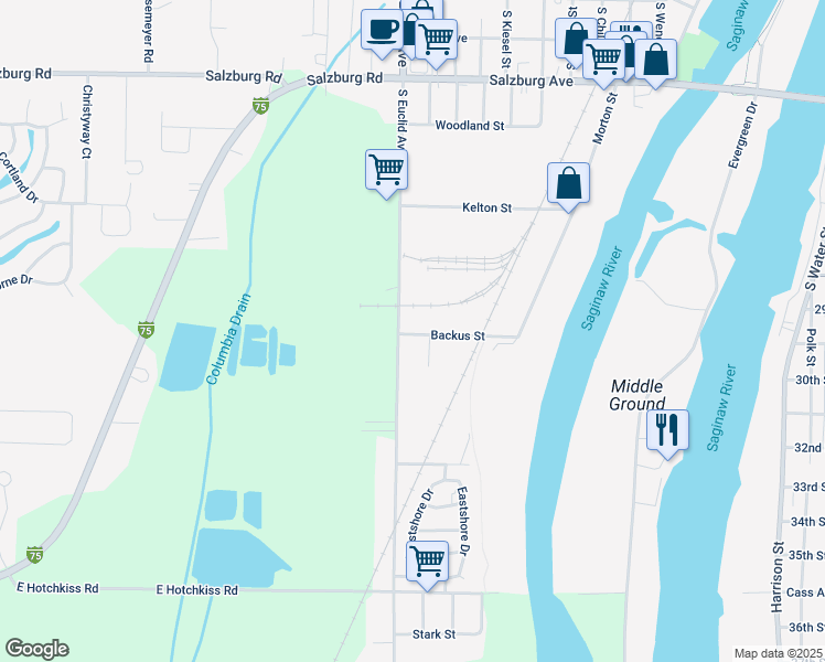 map of restaurants, bars, coffee shops, grocery stores, and more near 2780-2812 South Euclid Avenue in Bay City