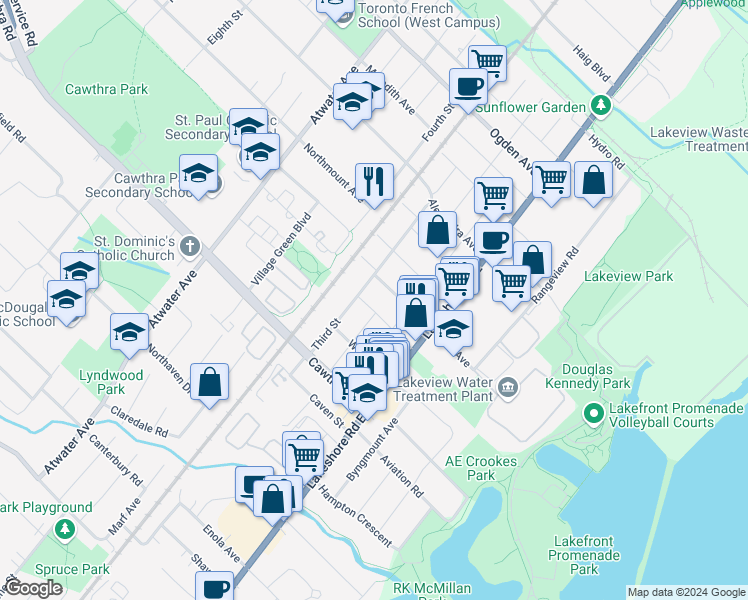 map of restaurants, bars, coffee shops, grocery stores, and more near 1067 Greaves Avenue in Mississauga