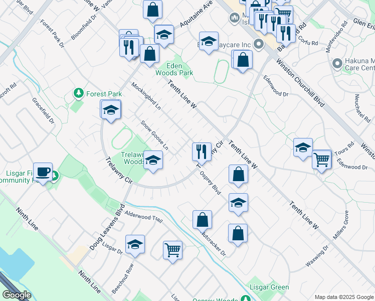 map of restaurants, bars, coffee shops, grocery stores, and more near 6484 Snow Goose Lane in Mississauga