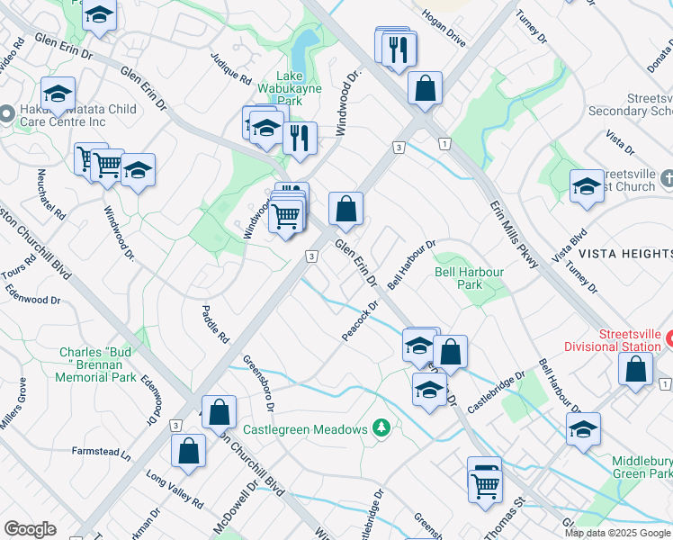 map of restaurants, bars, coffee shops, grocery stores, and more near 5950 Glen Erin Drive in Mississauga