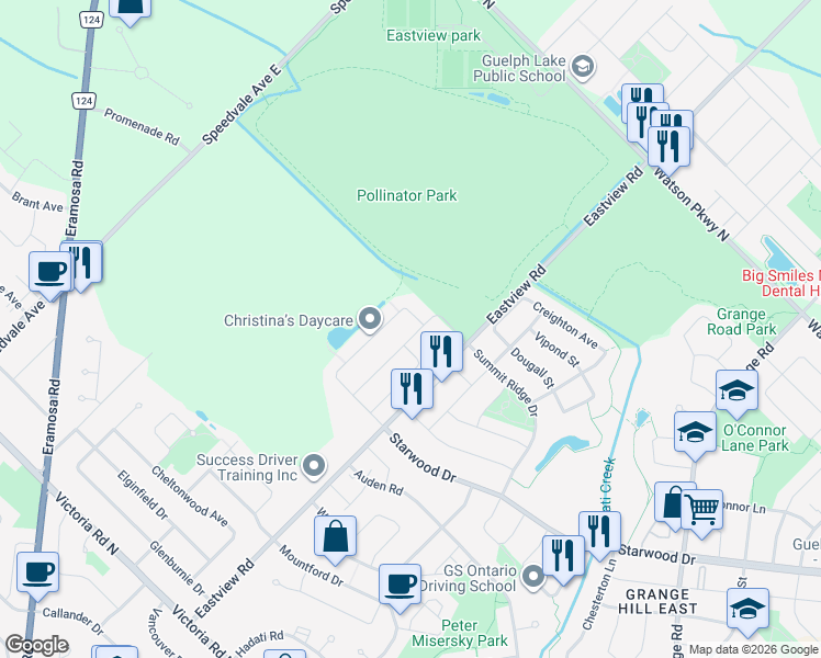 map of restaurants, bars, coffee shops, grocery stores, and more near 155 Summit Ridge Drive in Guelph