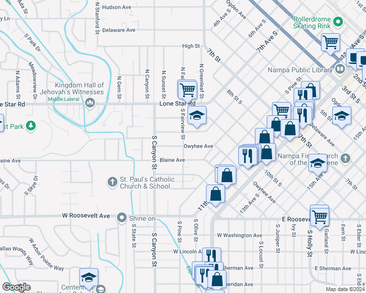 map of restaurants, bars, coffee shops, grocery stores, and more near 201 Owyhee Avenue in Nampa
