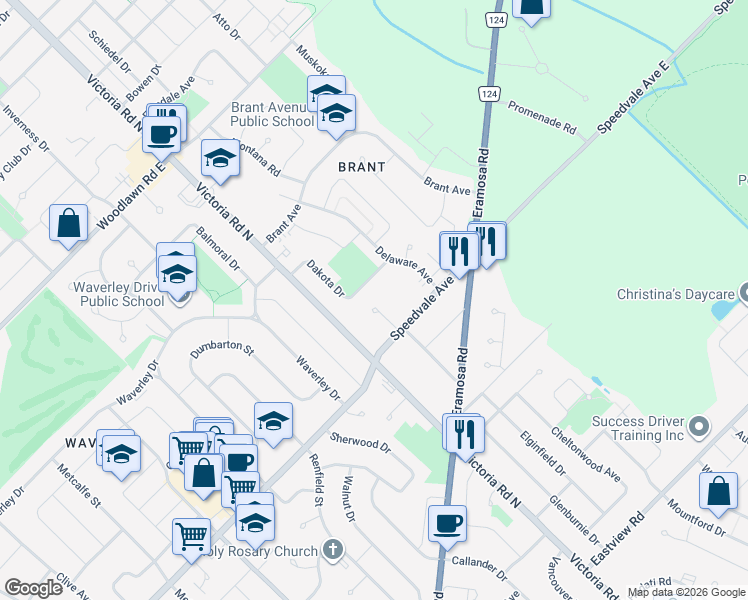 map of restaurants, bars, coffee shops, grocery stores, and more near 18 Carmine Place in Guelph