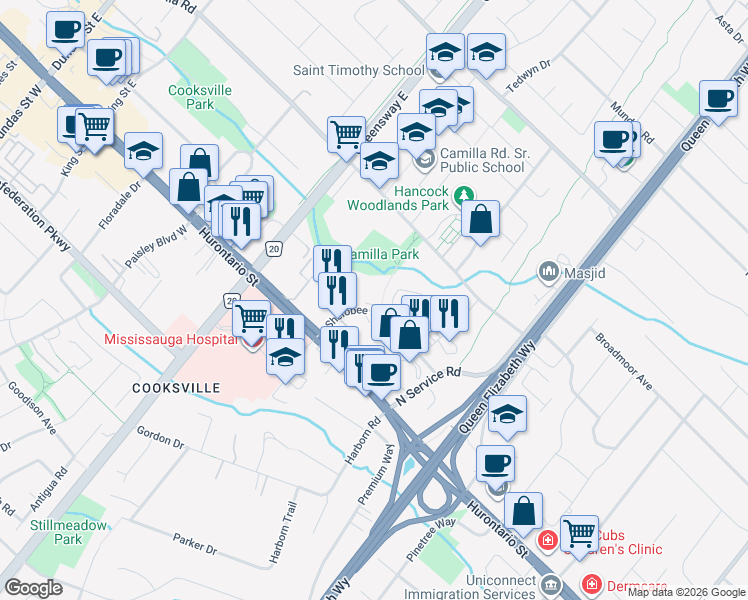 map of restaurants, bars, coffee shops, grocery stores, and more near 2177 Sherobee Road in Mississauga