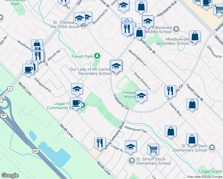 map of restaurants, bars, coffee shops, grocery stores, and more near 3605 Trelawny Circle in Mississauga