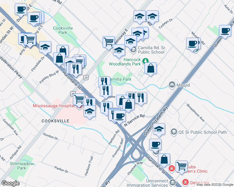 map of restaurants, bars, coffee shops, grocery stores, and more near 2177 Sherobee Road in Mississauga