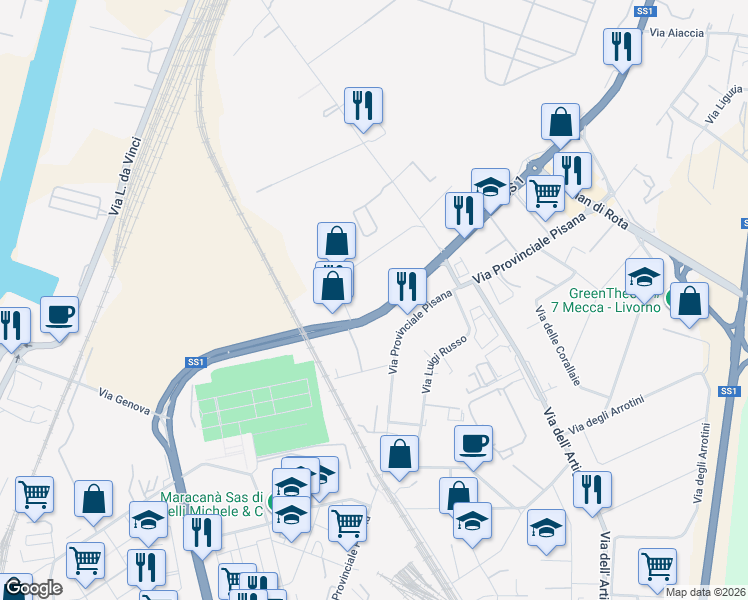 map of restaurants, bars, coffee shops, grocery stores, and more near 29 Via Firenze in Livorno