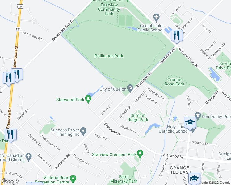 map of restaurants, bars, coffee shops, grocery stores, and more near 128 Summit Ridge Drive in Guelph