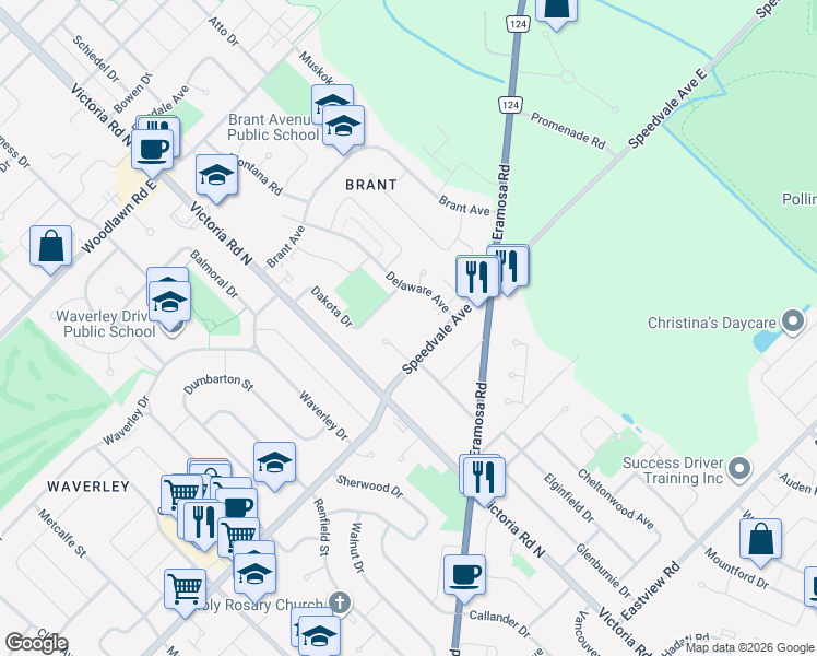 map of restaurants, bars, coffee shops, grocery stores, and more near 520 Speedvale Avenue East in Guelph