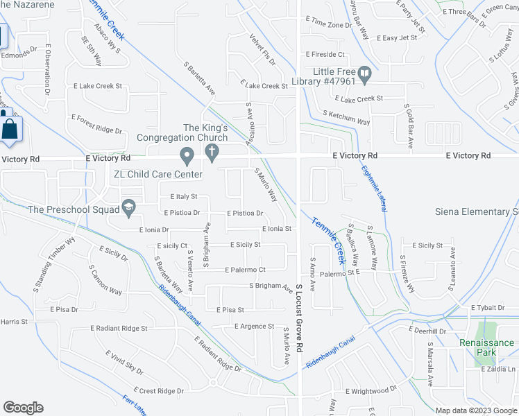 map of restaurants, bars, coffee shops, grocery stores, and more near 1408 East Pistioa Drive in Meridian