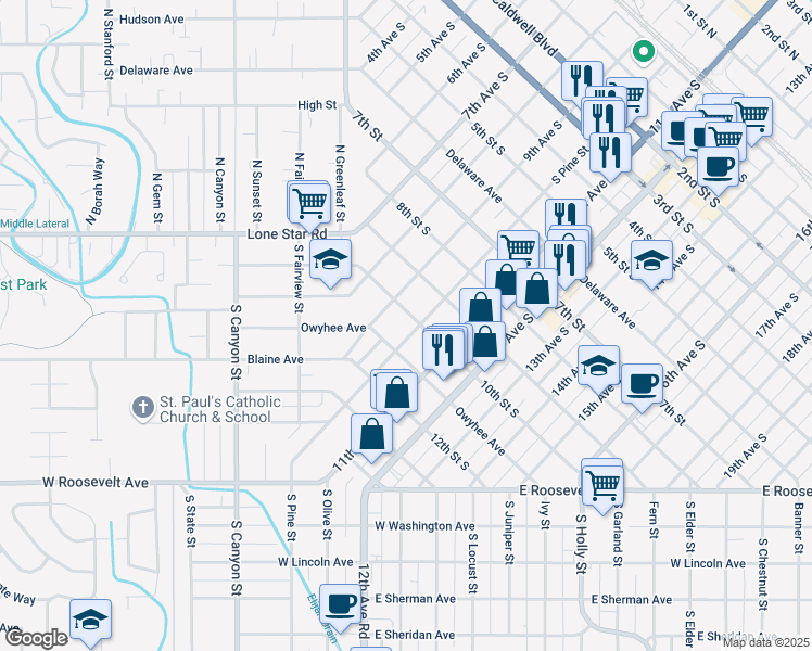 map of restaurants, bars, coffee shops, grocery stores, and more near 1003 10th Avenue South in Nampa