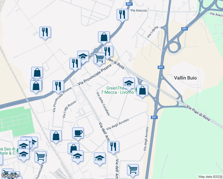 map of restaurants, bars, coffee shops, grocery stores, and more near 593 Via degli Scalpellini in Livorno