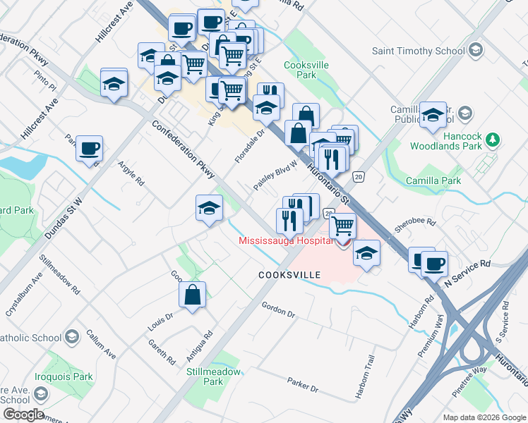 map of restaurants, bars, coffee shops, grocery stores, and more near 2345 Confederation Parkway in Mississauga